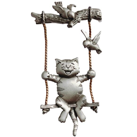 VTG Signed JJ Brooch Cat On Swing Pewter with Birds Figural 80s 90s Pin - Picture 1 of 10